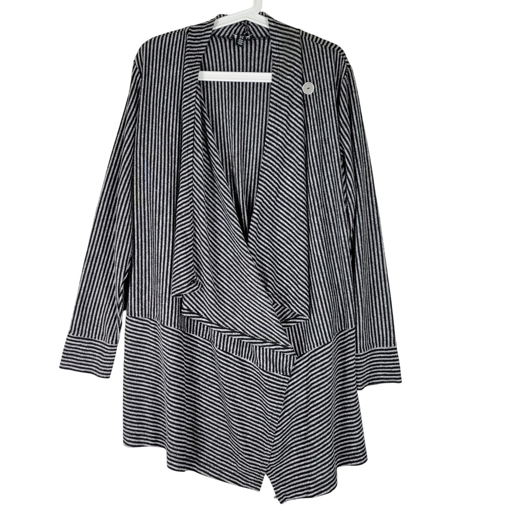 Jones New York Cardigan Women 1X Black Striped Draped Button Cowl Neck Sweater